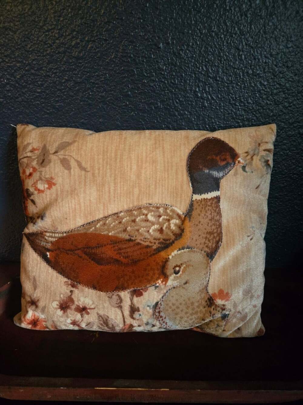 Vintage Duck and Floral Reversible Throw Pillow Velvet Tapestry Country Decor